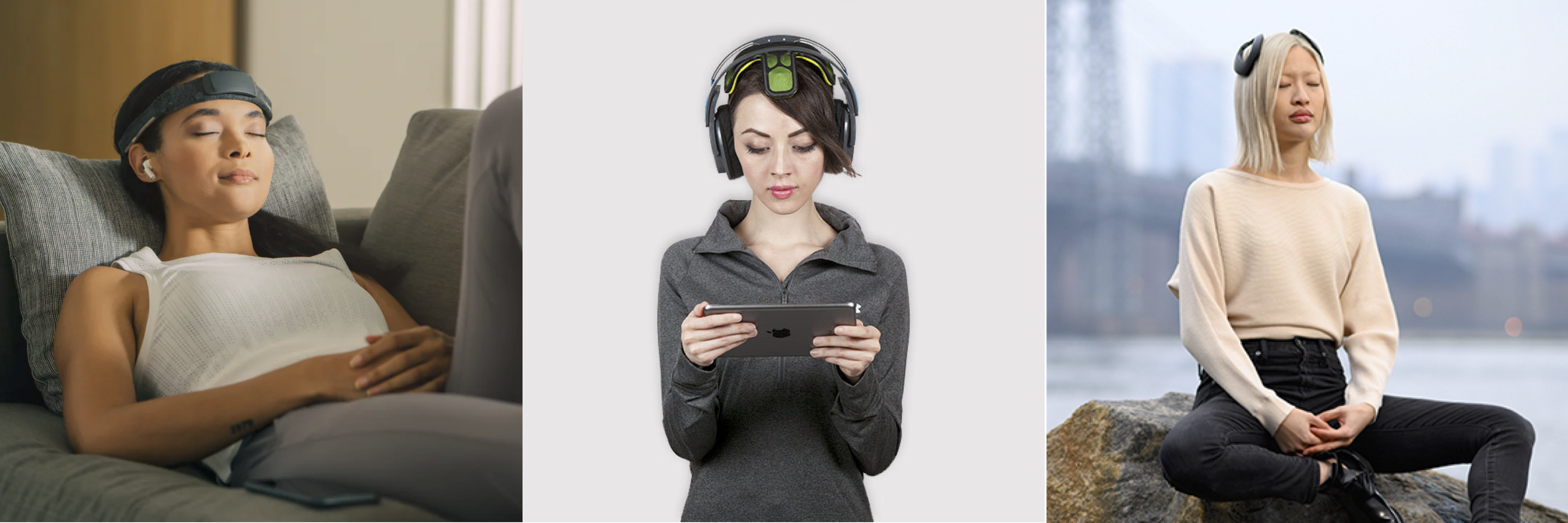 Image showing three people wearing different consumer neurotechnology headsets, in seemingly peaceful conditions.