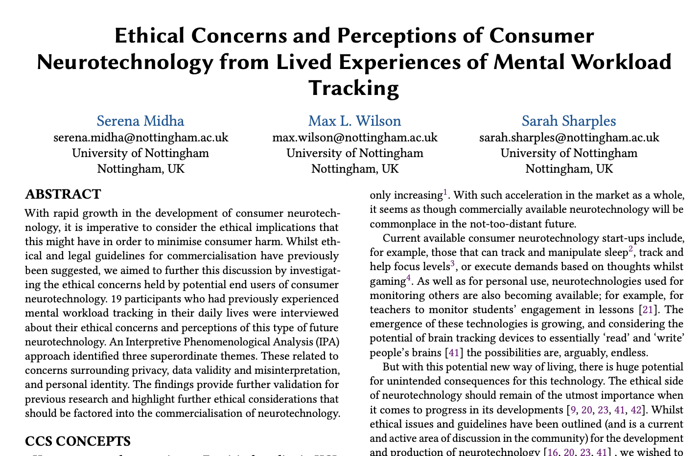 image of research paper entitled Ethical Concerns and Perceptions of Consumer Neurotechnology from Lived Experiences of Mental Workload Tracking.