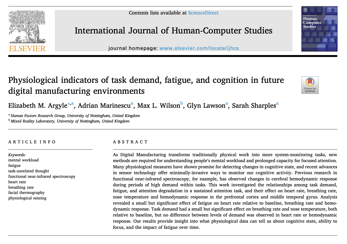 image of research paper entitled Physical indicators of task demand, fatigue, and cognition in future digital manufacturing environments.