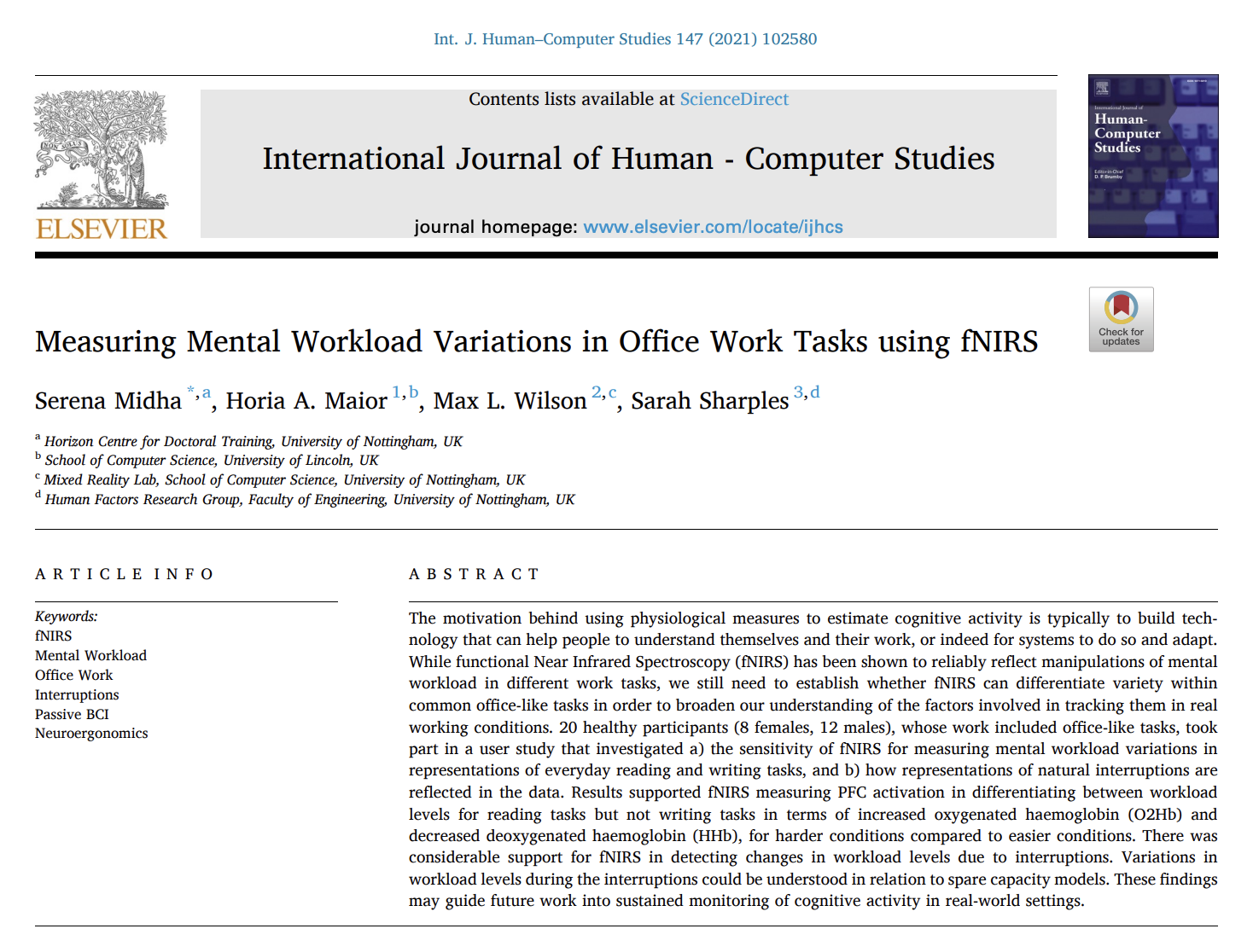 image of research paper entitled Measuring Mental Workload Variations in Office Work Tasks using fNIRS